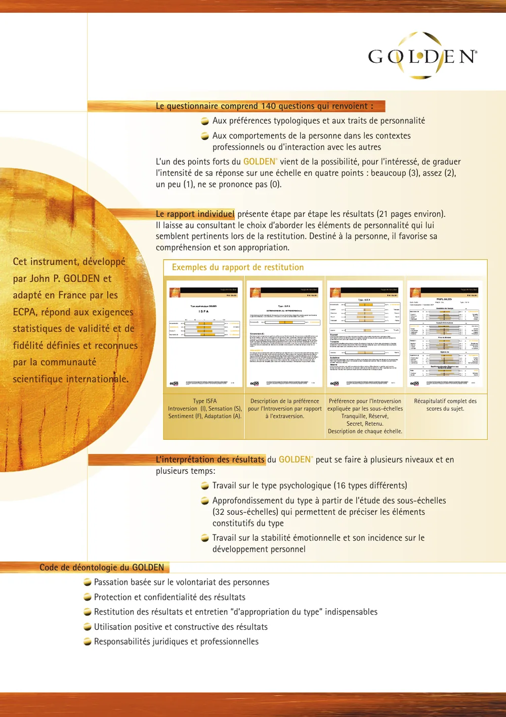 Extrait de la documentation Golden présentant le questionnaire, le rapport et son interprétation